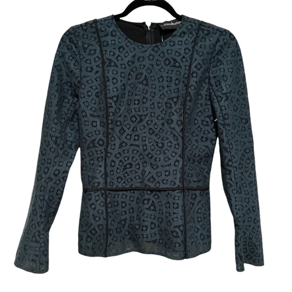Malene Birger Green Black Lace Long Sleeve Peplum Blouse Vintage Chic Top 2